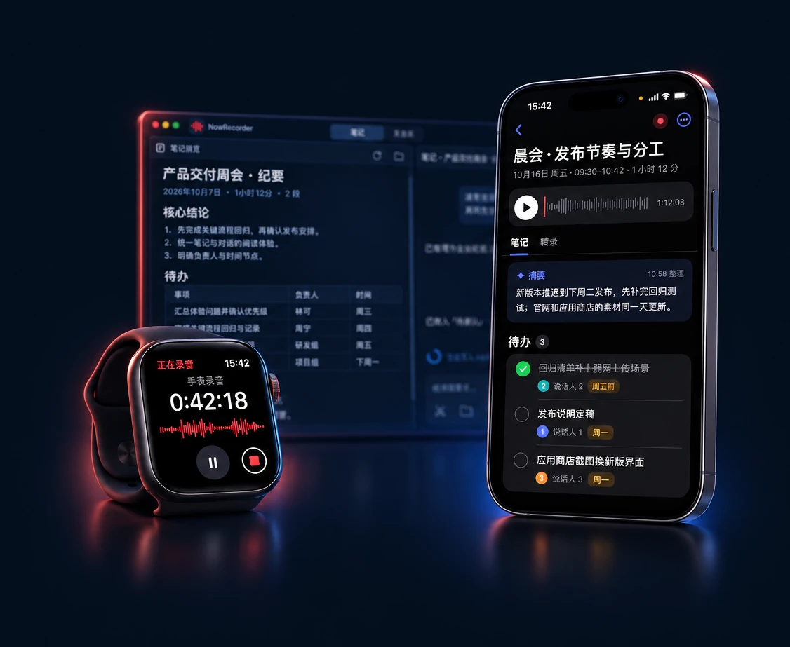 Apple Watch 正在录音，iPhone 上是电脑整理好送回来的笔记：摘要与待办；后面是电脑上的笔记创作台