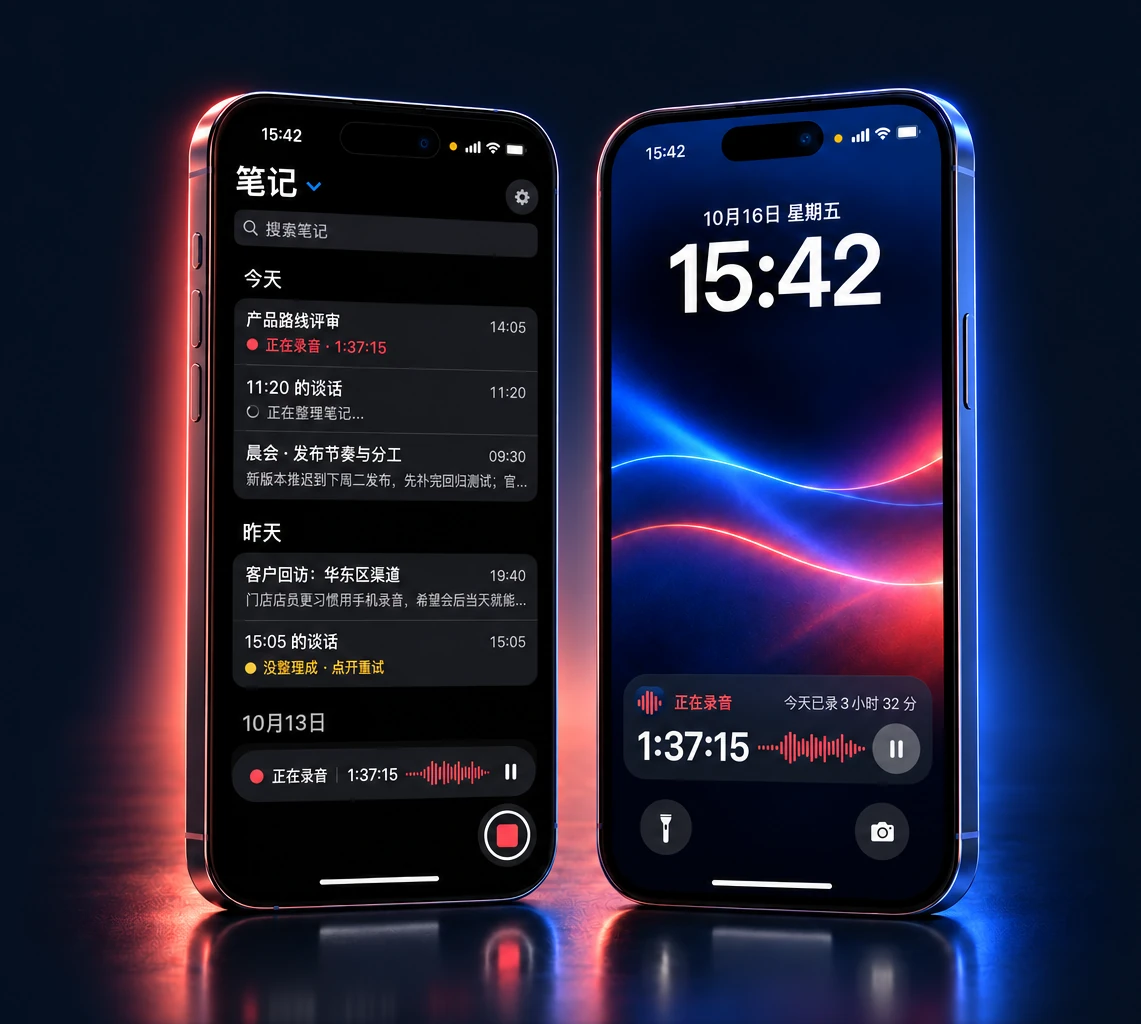 iPhone 的笔记列表：一场正在录音、一场电脑正在整理、几份整理好的笔记；旁边是锁屏上的录音实时活动