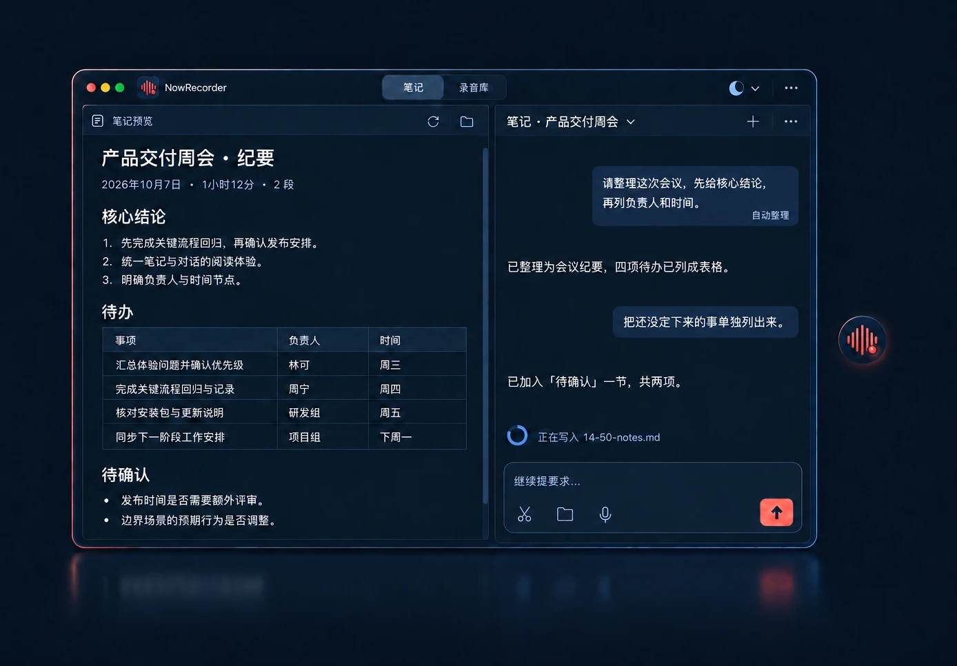 电脑上的笔记创作台：左侧是整理成文的会议纪要，右侧可以继续追问；窗口旁是悬浮球